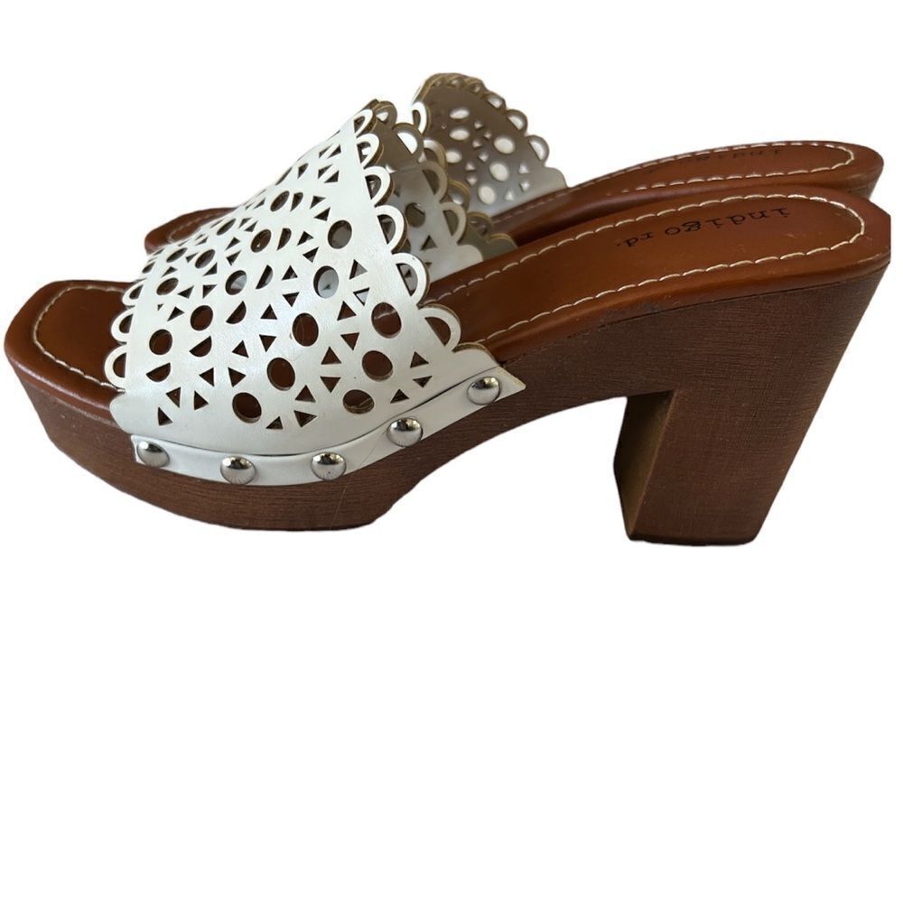 Indigo White Laser-Cut Leather Platform Mules with Brown Wood Heel🌸